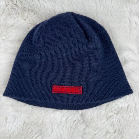 Diesel Hat Beanie Knit Embroidered Patch Blue One Size Made in Italy Acrylic - Picture 1 of 6